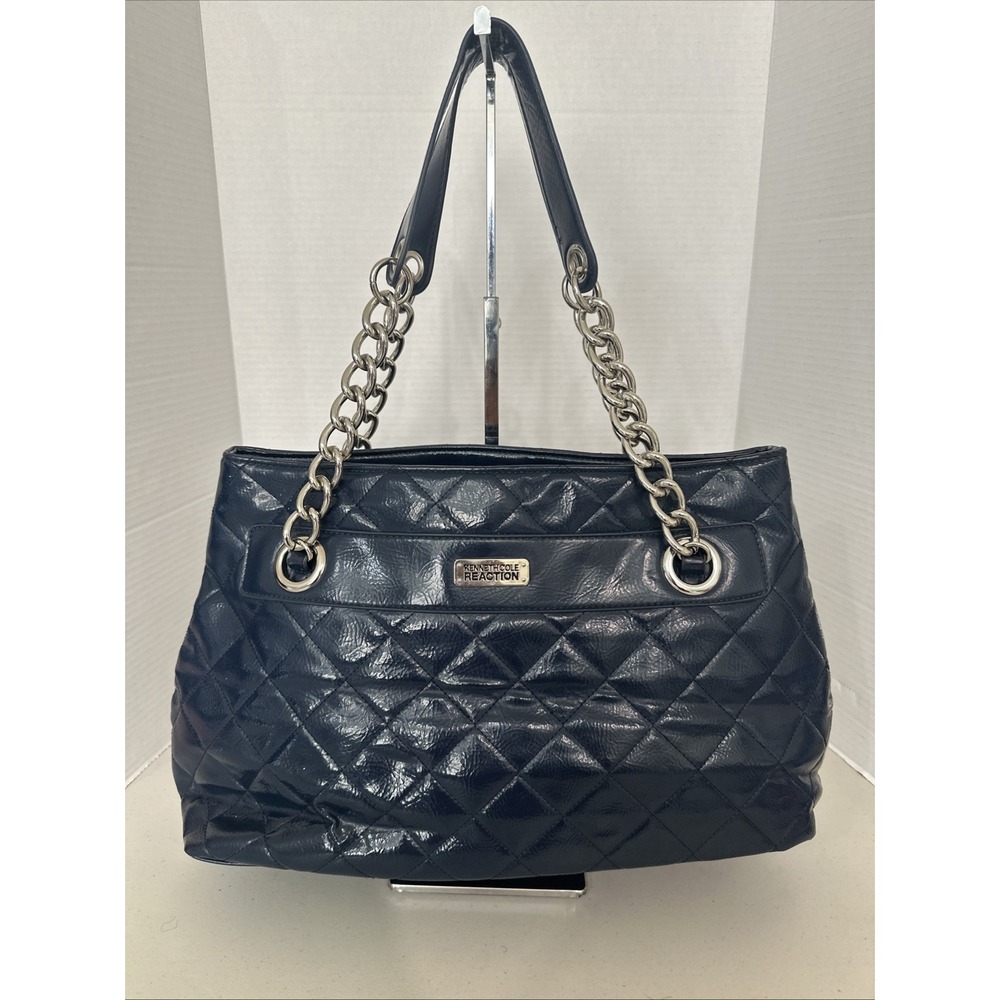 Kenneth Cole REACTION Chain/Fabric Strap Quilted Blue Tote Shoulder Bag